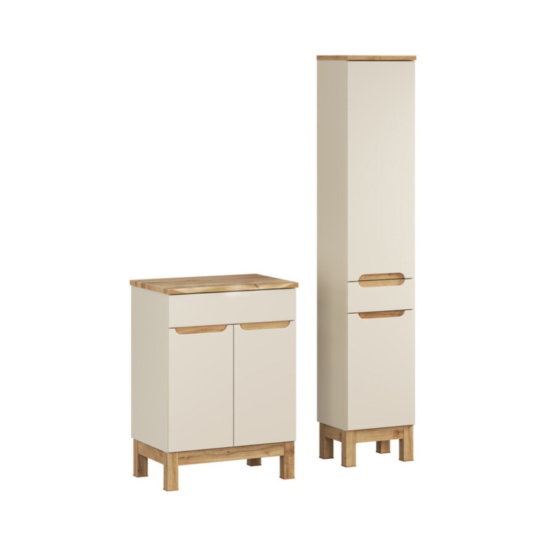 Badezimmer-Set ERMANO Kaschmir und Eichenoptik 95cm: Waschbeckenunterschrank + abgeschrägte Waschtischplatte + Hochschrank