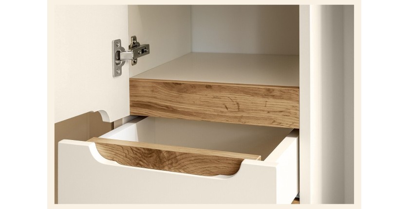 Badezimmer-Set ERMANO Kaschmir und Eichenoptik 95cm: Waschbeckenunterschrank + abgeschrägte Waschtischplatte + Hochschrank