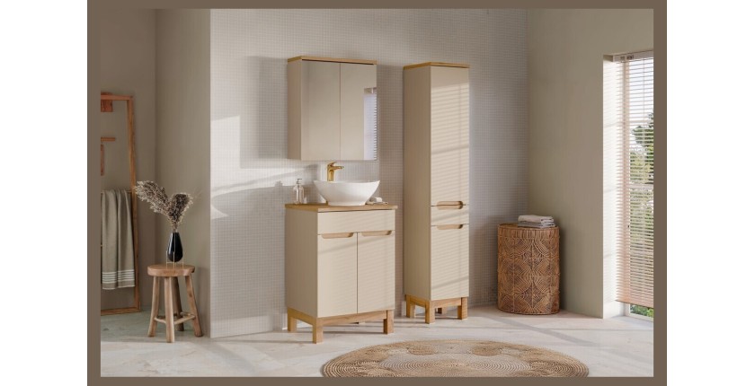 Badezimmer-Set ERMANO Kaschmir und Eichenoptik 95cm: Waschbeckenunterschrank + abgeschrägte Waschtischplatte + Hochschrank