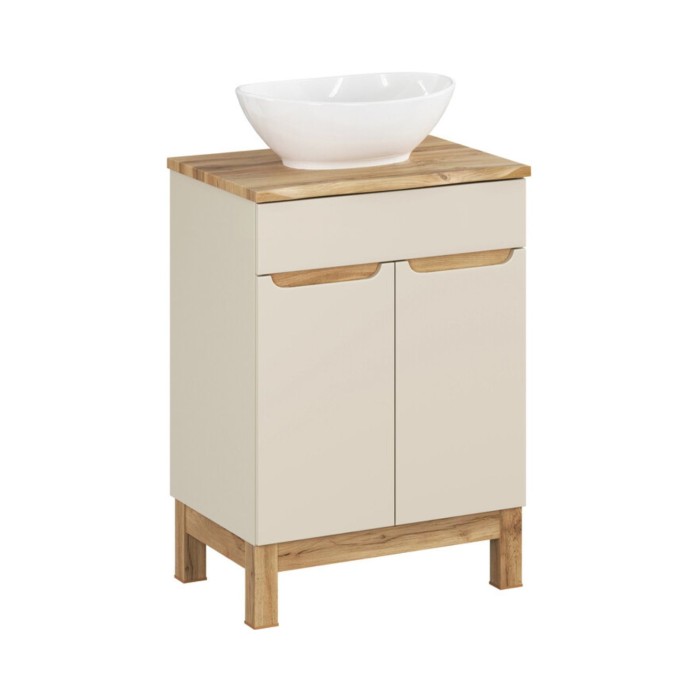 Insieme ERMANO cashmere 60cm: mobile sotto lavabo + piano per lavabo bisellato + lavabo da appoggio bianco