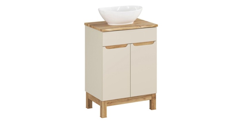 Insieme ERMANO cachemire 60cm: mobile sottolavabo + piano per lavabo bisellato + lavabo da appoggio bianco