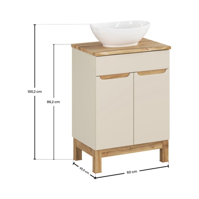 Insieme ERMANO cashmere 60cm: mobile sotto lavabo + piano per lavabo bisellato + lavabo da appoggio bianco