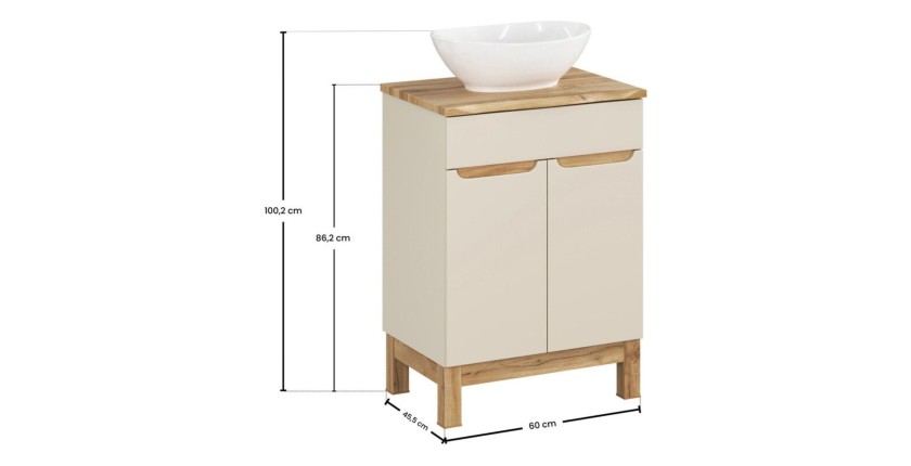 Insieme ERMANO cachemire 60cm: mobile sottolavabo + piano per lavabo bisellato + lavabo da appoggio bianco
