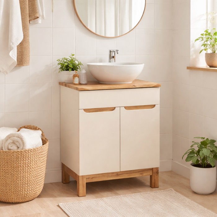 Insieme ERMANO cashmere 60cm: mobile sotto lavabo + piano per lavabo bisellato + lavabo da appoggio bianco