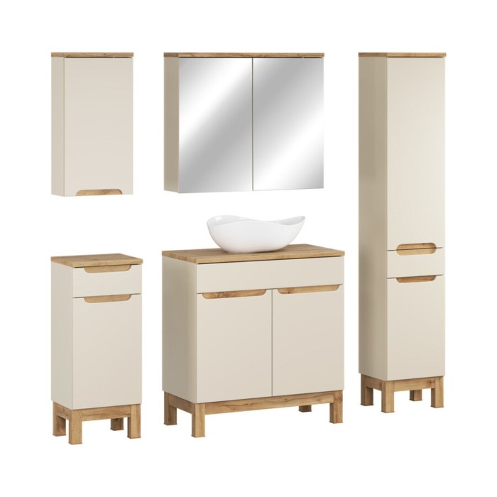 ERMANO cachemire 150cm set: onderkast + opbouwwastafel + hangende en staande opbergmeubels + spiegels