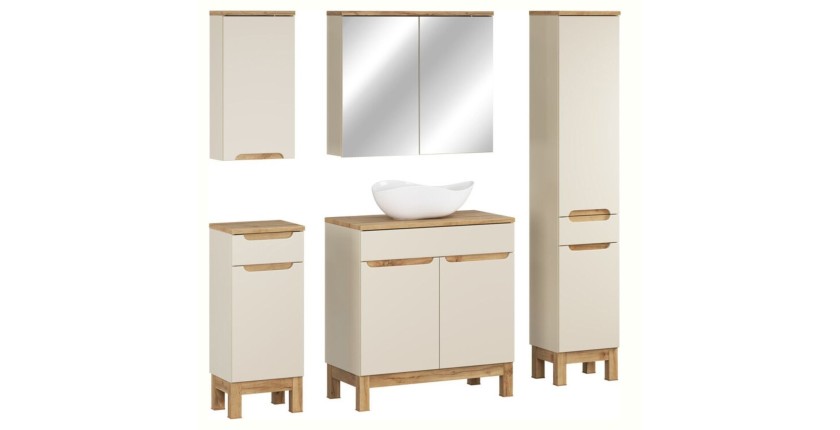 Insieme ERMANO cashmere 150cm: mobile sottolavabo + lavabo da appoggio + mobili sospesi e da appoggio + specchi
