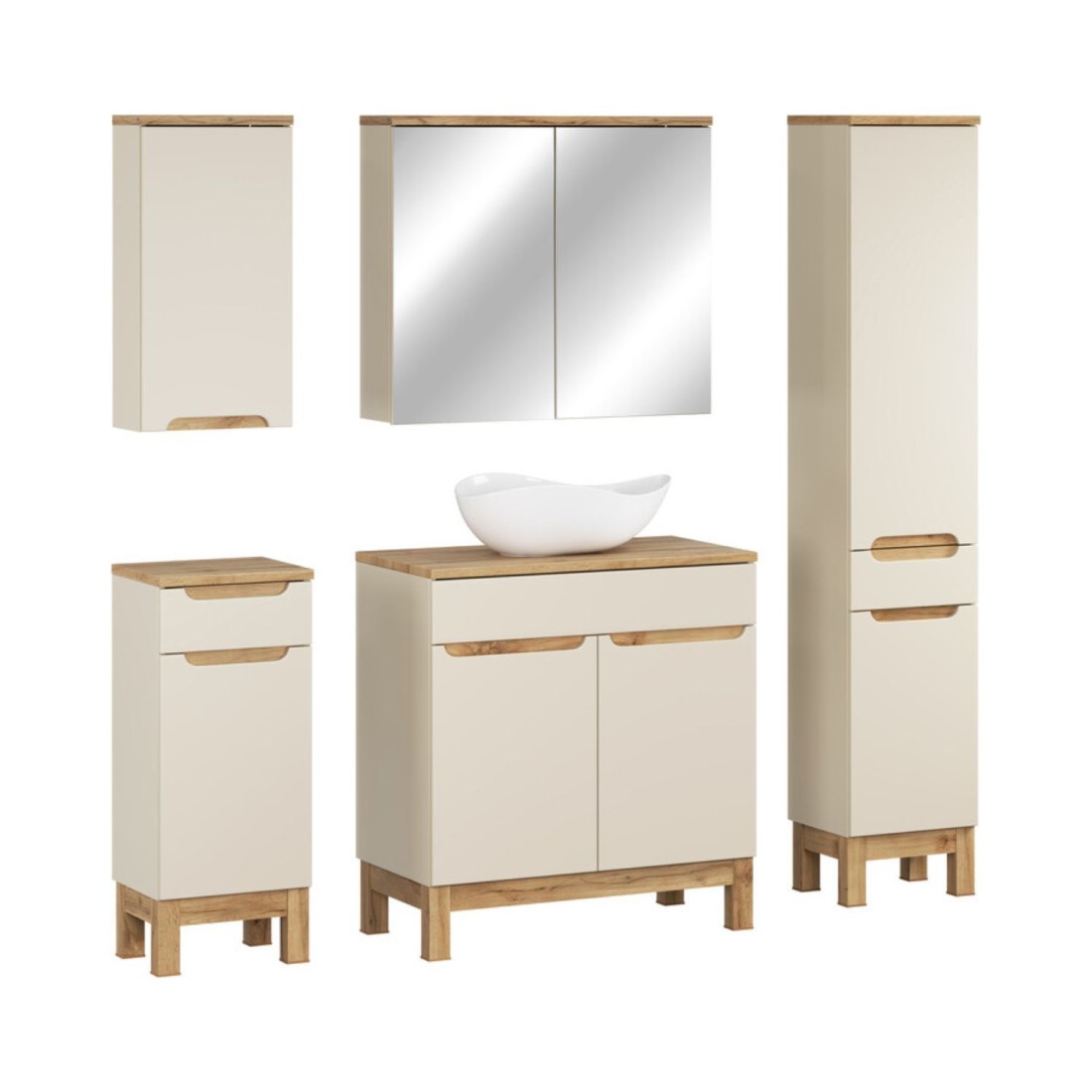 Insieme ERMANO cashmere 150cm: mobile sottolavabo + lavabo da appoggio + mobili sospesi e da appoggio + specchi