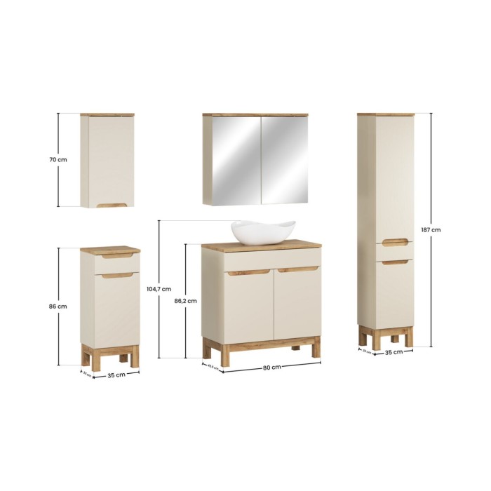 ERMANO cachemire 150cm set: onderkast + opbouwwastafel + hangende en staande opbergmeubels + spiegels