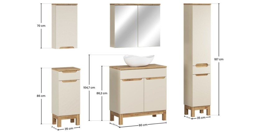 Insieme ERMANO cashmere 150cm: mobile sottolavabo + lavabo da appoggio + mobili sospesi e da appoggio + specchi