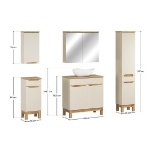 Insieme ERMANO cashmere 150cm: mobile sottolavabo + lavabo da appoggio + mobili sospesi e da appoggio + specchi