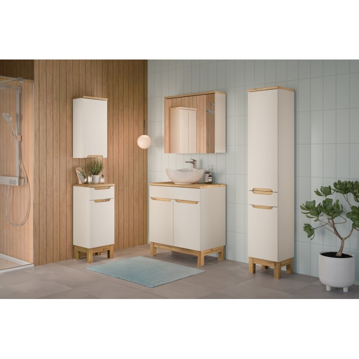 ERMANO cachemire 150cm set: onderkast + opbouwwastafel + hangende en staande opbergmeubels + spiegels
