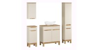 Conjunto ERMANO cachemira y acabado de roble 150cm: mueble bajo lavabo + lavabo sobre encimera + almacenamientos colgantes y de 