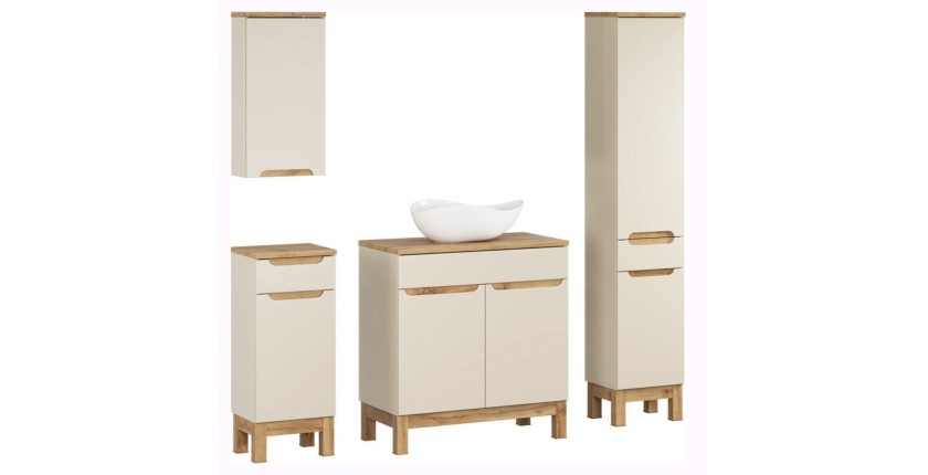 Conjunto ERMANO cachemira y acabado de roble 150cm: mueble bajo lavabo + lavabo sobre encimera + almacenamientos colgantes y de 