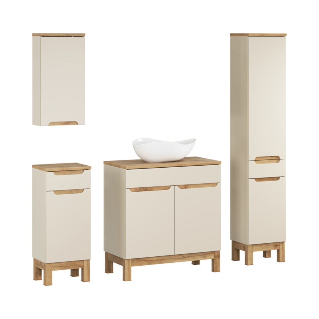 Conjunto ERMANO cachemira y acabado de roble 150cm: mueble bajo lavabo + lavabo sobre encimera + almacenamientos colgantes y de 