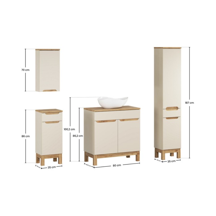 ERMANO set kasjmier en eiken look 150cm: onderkast + opzetwastafel + hangende en staande opbergelementen