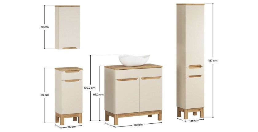 Conjunto ERMANO cachemira y acabado de roble 150cm: mueble bajo lavabo + lavabo sobre encimera + almacenamientos colgantes y de 