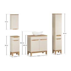 Conjunto ERMANO cachemira y acabado de roble 150cm: mueble bajo lavabo + lavabo sobre encimera + almacenamientos colgantes y de 