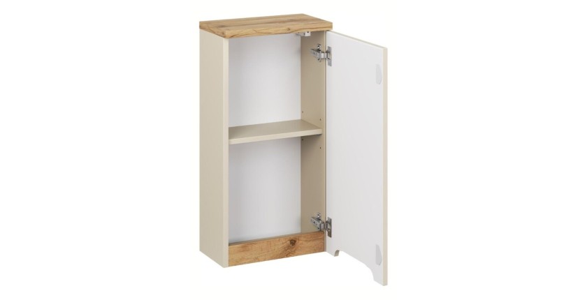 Conjunto ERMANO cachemira y acabado de roble 150cm: mueble bajo lavabo + lavabo sobre encimera + almacenamientos colgantes y de 