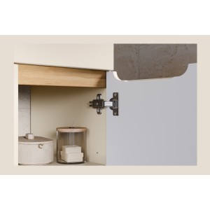 Conjunto ERMANO cachemira y acabado de roble 150cm: mueble bajo lavabo + lavabo sobre encimera + almacenamientos colgantes y de 