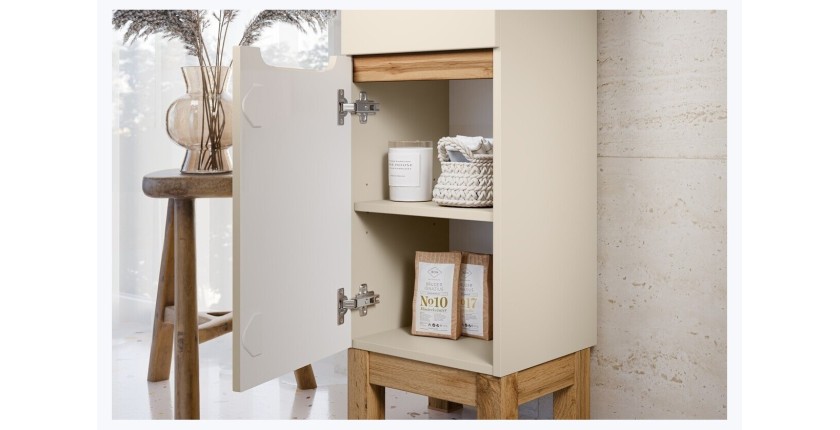 Conjunto ERMANO cachemira y acabado de roble 150cm: mueble bajo lavabo + lavabo sobre encimera + almacenamientos colgantes y de 