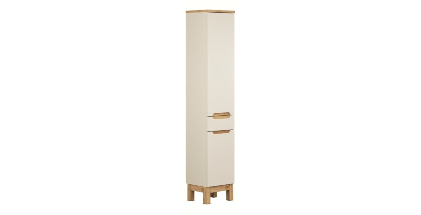 Conjunto ERMANO cachemira y acabado de roble 150cm: mueble bajo lavabo + lavabo sobre encimera + almacenamientos colgantes y de 