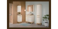 Conjunto ERMANO cachemira y acabado de roble 150cm: mueble bajo lavabo + lavabo sobre encimera + almacenamientos colgantes y de 