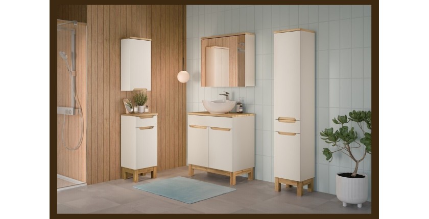 Conjunto ERMANO cachemira y acabado de roble 150cm: mueble bajo lavabo + lavabo sobre encimera + almacenamientos colgantes y de 
