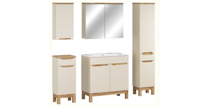 Ensemble ERMANO cachemire 150cm : meuble sous vasque + vasque encastrée + rangements suspendus et à poser + miroirs