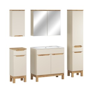 Ensemble ERMANO cachemire 150cm : meuble sous vasque + vasque encastrée + rangements suspendus et à poser + miroirs
