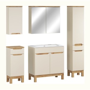 Ensemble ERMANO cachemire 150cm : meuble sous vasque + vasque encastrée + rangements suspendus et à poser + miroirs