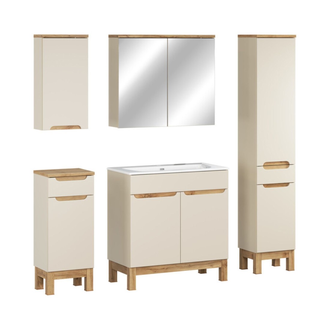Ensemble ERMANO cachemire 150cm : meuble sous vasque + vasque encastrée + rangements suspendus et à poser + miroirs