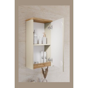 Ensemble ERMANO cachemire 150cm : meuble sous vasque + vasque encastrée + rangements suspendus et à poser + miroirs