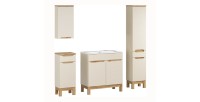 Ensemble ERMANO cachemire et aspect chêne 150cm : meuble sous vasque + vasque encastrée + rangements suspendus et à poser