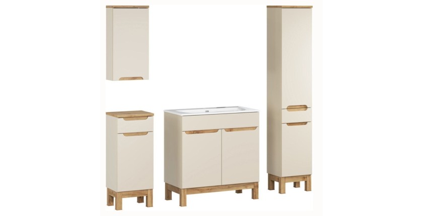 Ensemble ERMANO cachemire et aspect chêne 150cm : meuble sous vasque + vasque encastrée + rangements suspendus et à poser