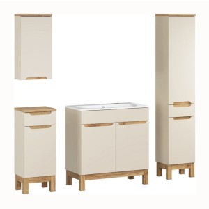 Ensemble ERMANO cachemire et aspect chêne 150cm : meuble sous vasque + vasque encastrée + rangements suspendus et à poser