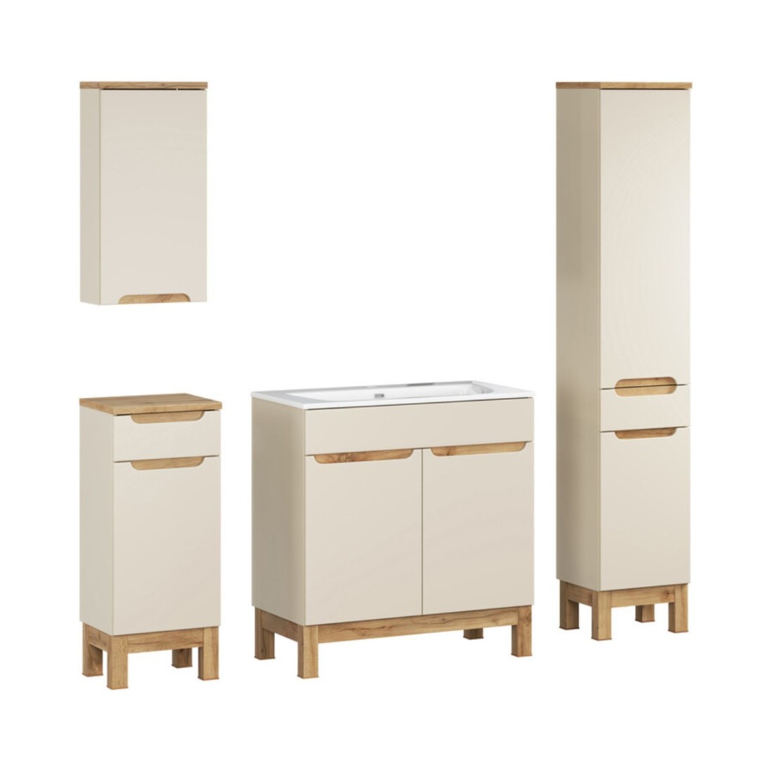 Ensemble ERMANO cachemire et aspect chêne 150cm : meuble sous vasque + vasque encastrée + rangements suspendus et à poser