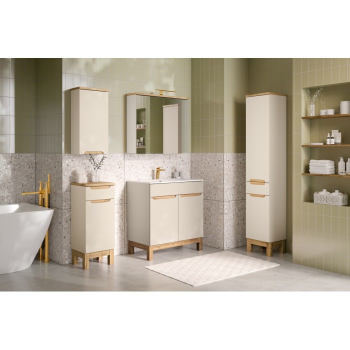 ERMANO Set Kaschmir und Eichenoptik 150cm: Unterschrank + eingelassenes Waschbecken + hängende und stehende Aufbewahrungsmöglich