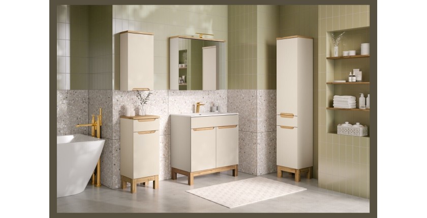 Ensemble ERMANO cachemire et aspect chêne 150cm : meuble sous vasque + vasque encastrée + rangements suspendus et à poser