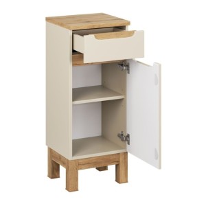 Ensemble ERMANO cachemire et aspect chêne 150cm : meuble sous vasque + vasque encastrée + rangements suspendus et à poser