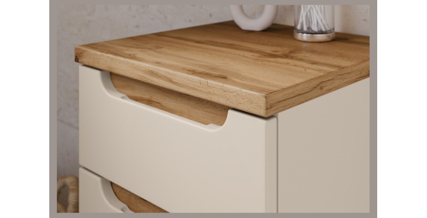 Ensemble ERMANO cachemire et aspect chêne 150cm : meuble sous vasque + vasque encastrée + rangements suspendus et à poser