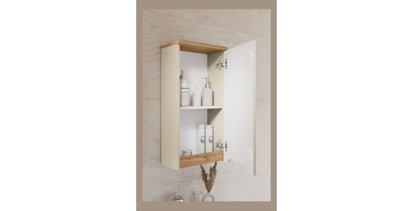 Ensemble ERMANO cachemire et aspect chêne 150cm : meuble sous vasque + vasque encastrée + rangements suspendus et à poser