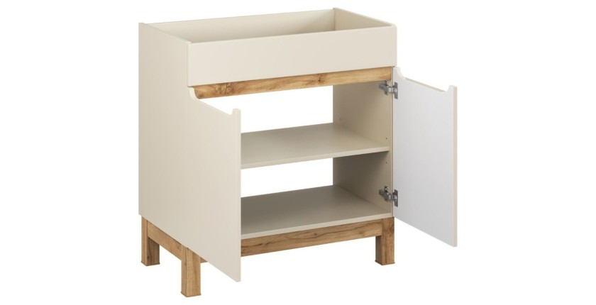 Ensemble ERMANO cachemire et aspect chêne 150cm : meuble sous vasque + vasque encastrée + rangements suspendus et à poser