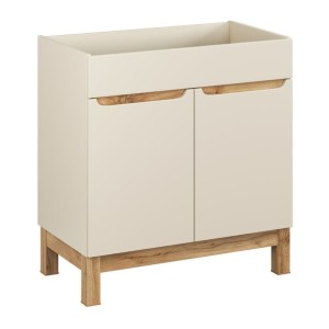 Ensemble ERMANO cachemire et aspect chêne 150cm : meuble sous vasque + vasque encastrée + rangements suspendus et à poser