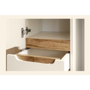 Ensemble ERMANO cachemire et aspect chêne 150cm : meuble sous vasque + vasque encastrée + rangements suspendus et à poser