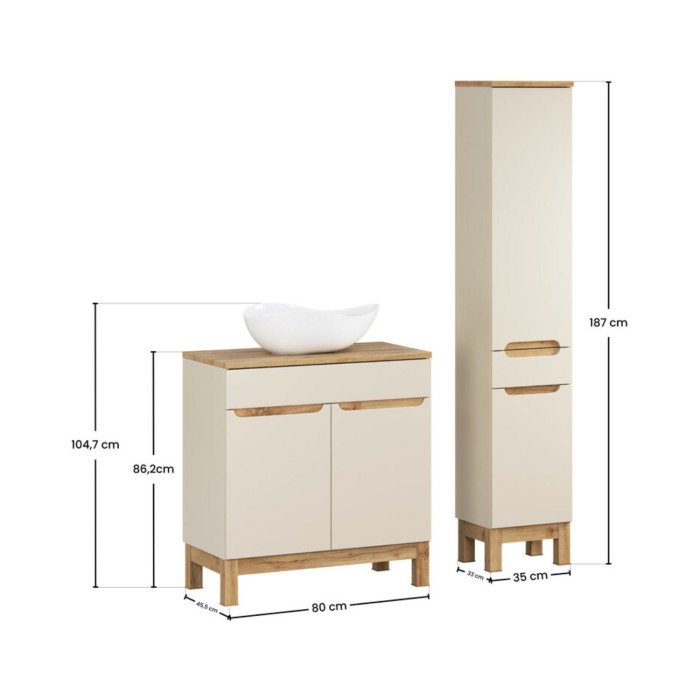 ERMANO cachemire en eikenlook 115cm: onderkastmeubel + asymmetrische witte opzetwastafel + kolomkast