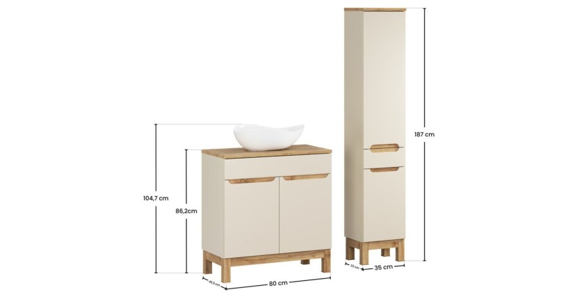 Conjunto ERMANO cachemira y acabado en roble 115cm: mueble bajo lavabo + lavabo sobre encimera blanco asimétrico + columna