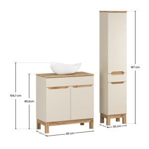 Conjunto ERMANO cachemira y acabado en roble 115cm: mueble bajo lavabo + lavabo sobre encimera blanco asimétrico + columna