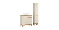 Conjunto ERMANO cachemira y acabado en roble 115cm: mueble bajo lavabo + lavabo sobre encimera blanco asimétrico + columna