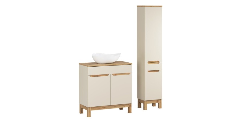 Conjunto ERMANO cachemira y acabado en roble 115cm: mueble bajo lavabo + lavabo sobre encimera blanco asimétrico + columna