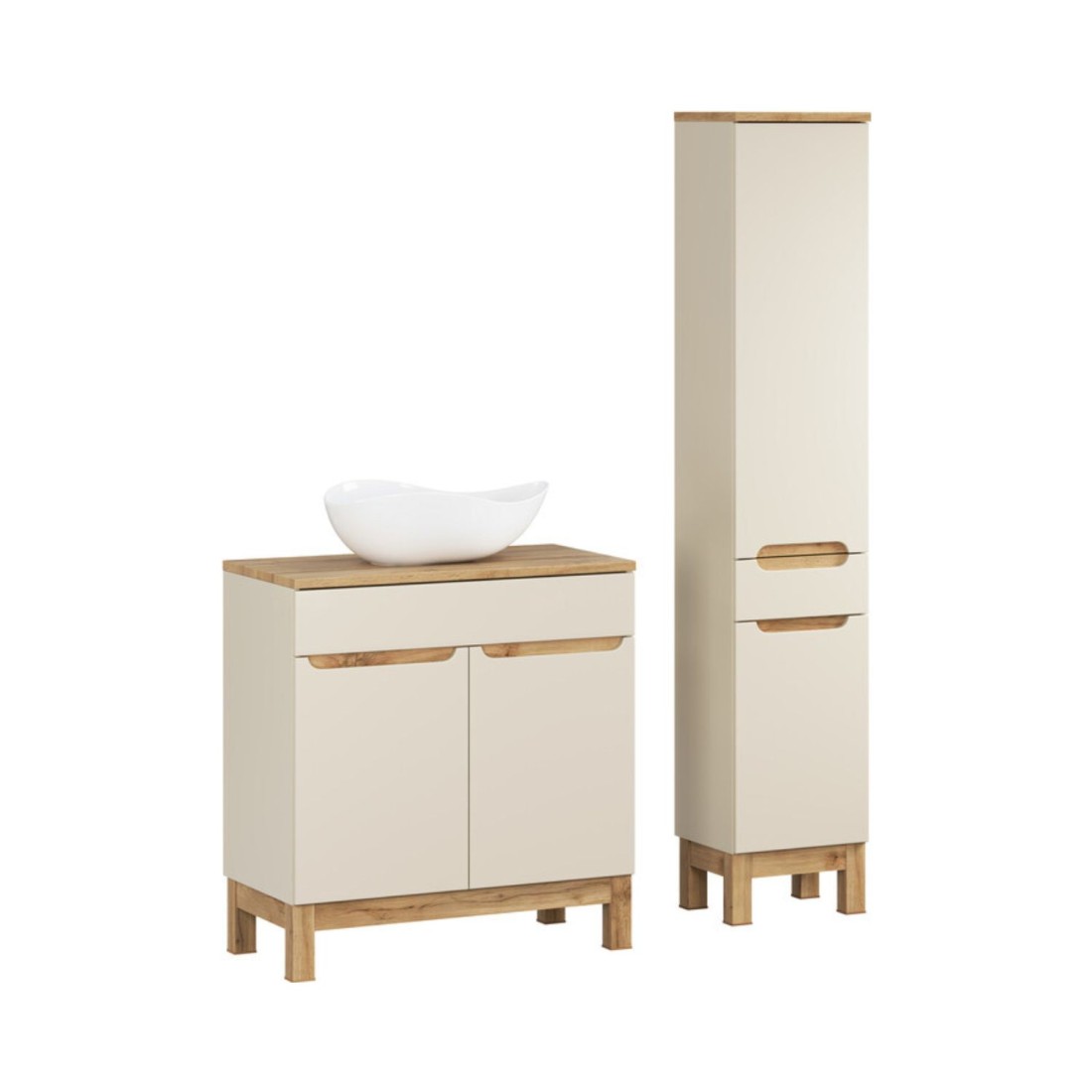 Conjunto ERMANO cachemira y acabado en roble 115cm: mueble bajo lavabo + lavabo sobre encimera blanco asimétrico + columna